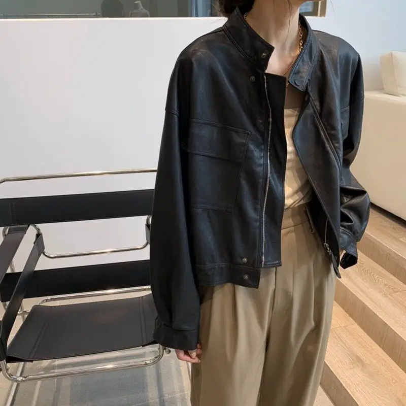 

Новая корейская женская куртка-жилет из искусственной кожи с воротником-стойкой, весна-осень, высокое качество, для мотоциклистов