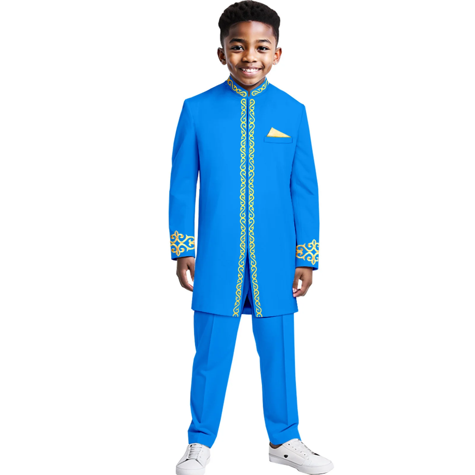 African Style Boys Suit Long Jacket Pants 2 Piece SetKaftan Boys Sets Blazer Wedding Tuxedo Kids Formal Party Dress Ethnic Style