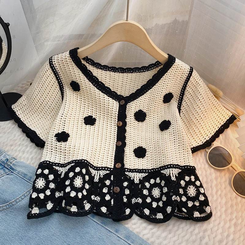Cárdigan de punto corto de ganchillo para mujer, Top de manga corta con cuello en V, de retales Top, camiseta informal de estilo playero, tendencia 2024