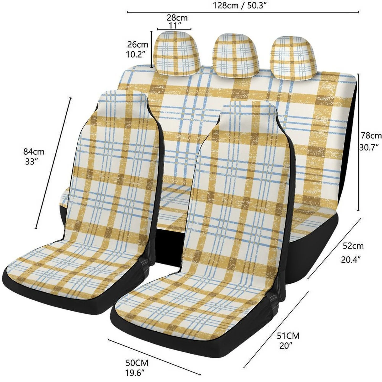 Vintage Plaid Pattern Beige Base With Yellow And Blue Line Print Car Seat Cover Set, Suitable For Most Cars, SUVs, And Sedans, D