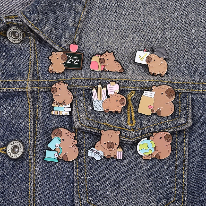 Cute Capybara Students Enamel Pins School Supplies Animal Cartoon Brooch Backpack Lapel Badge Jewelry Gift for Friends Wholesale