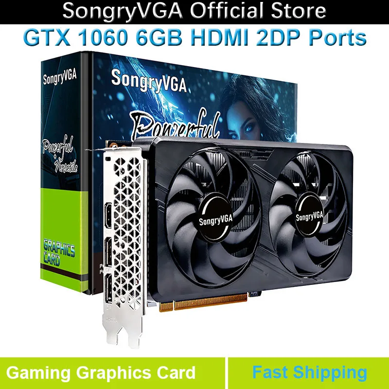بطاقة رسومات SongryVGA GTX 1060 3/6GB GDDR5، 192 بت 6Pin PCI Express 3.0،4K/8K Ultra HD، تبريد مروحة مزدوجة، ألعاب HDMI 2.0+2x DP