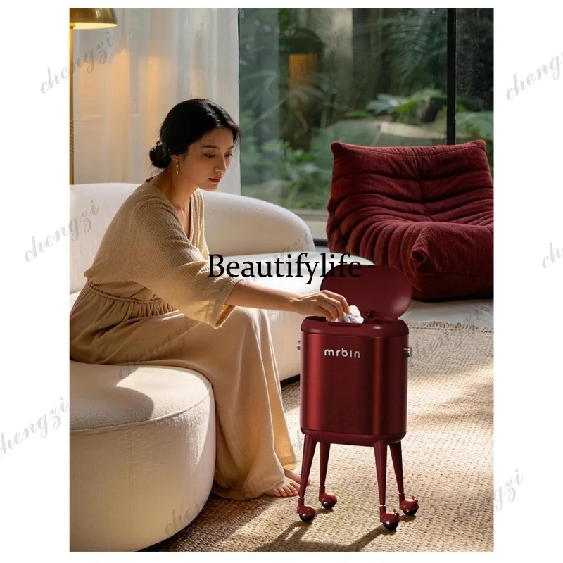 Retro red trash can with wheels, household with cover, kitchen, living room removable advanced sense 2026 new model