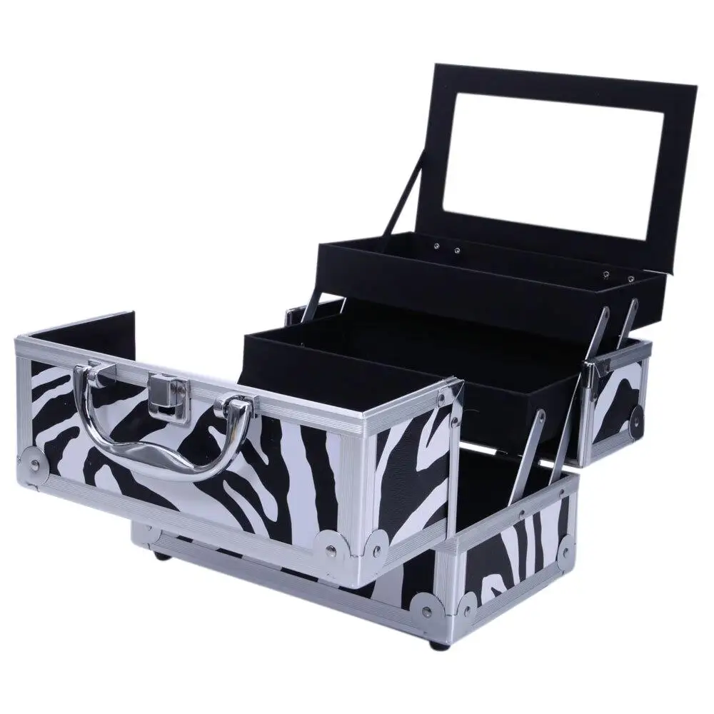 SM-2176  Zebra Aluminum Makeup Train Case Jewelry Box Cosmetic Organizer with Mirror - 9x6x6