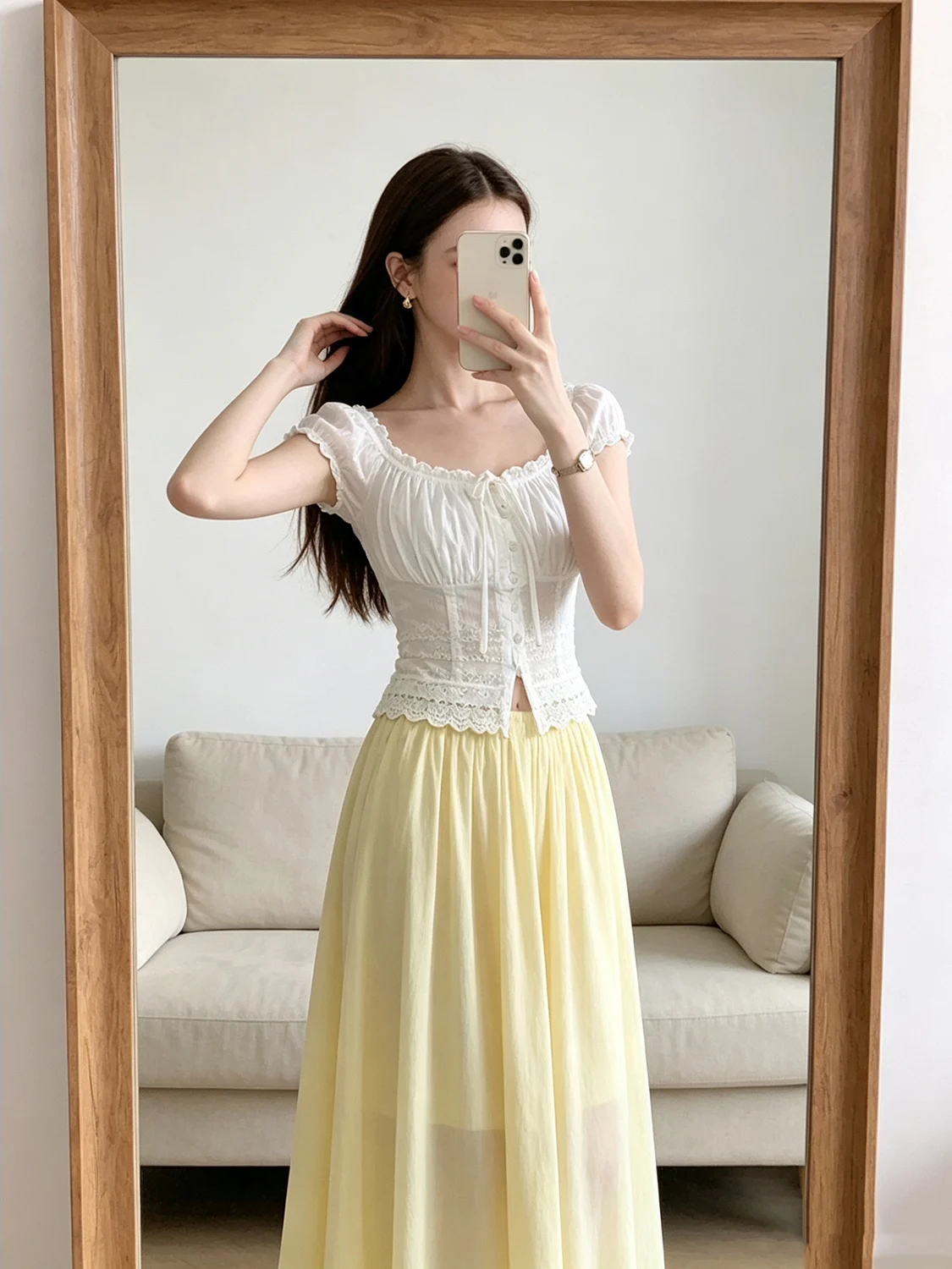 

Women's Summer New Style Pleated Lace Hollow out Square Collar Bubble Sleeve Shirt Slimming Fashionable Short Length Citywalk...