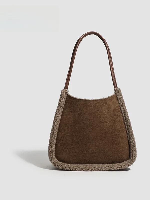 

New 2025 Women's oulder Bag Suede Splicing Lamb Fur Handbag Korean Sle Medium Young Women's Buet ape Pure Color Bag
