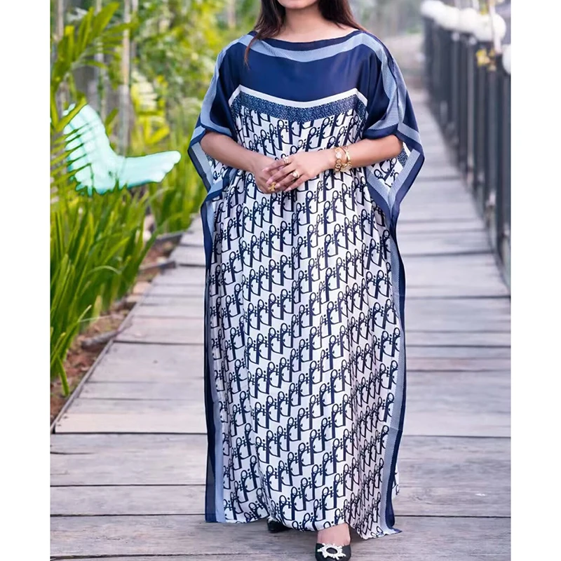 여성 아프리카 드레스 2 세트 Headscarf 기하학 인쇄 Kaftan 140cm 맥시 드레스 크루 넥 반팔 플러스 사이즈 의류