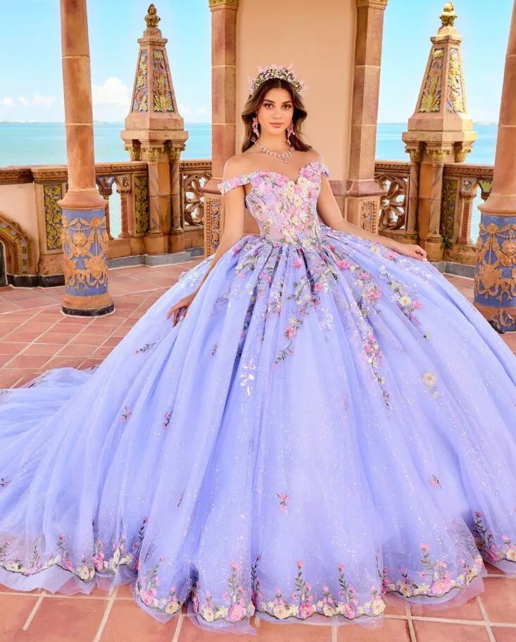 Robe de Quinceanera de princesse violette, brodée florale 3D, démontable, Sweet 15, Off Initiated, CAN ac