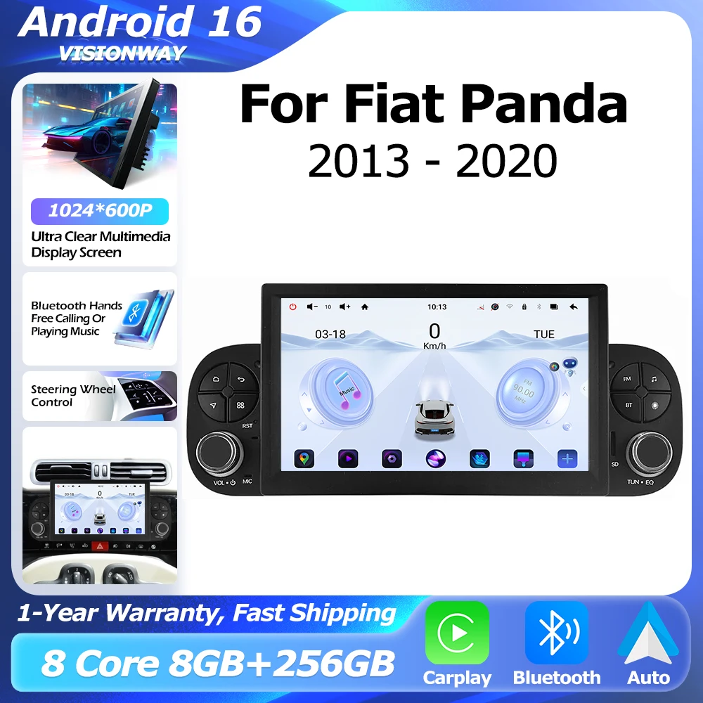 Android 16 For Fiat Panda 2013-2020 Car Radio Lntelligent Multimedia Player Bluetooth Auto Wireless CarPlay WIFI 4G DSP GPS