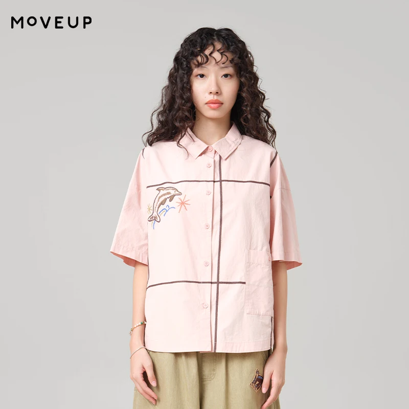 

MOVEUP Casual Short Sleeved Shirt 2026 Summer New Pure Cotton Lapel Dolphin Embroidered Curved Hem Shirt For Women 3ELX20430