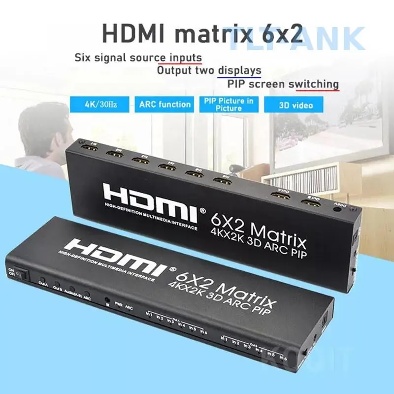 6 X 2 HDMI PIP Matrix Switch 6 in 2 Out 4K 60Hz HDMI Matrix Switcher 6x2 ARC Audio