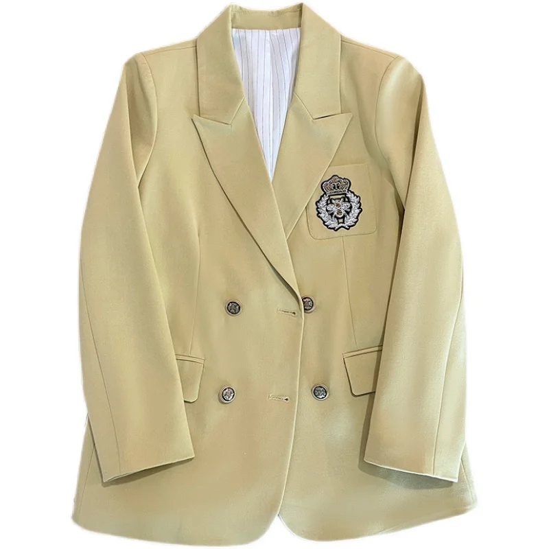 Spring Autumn Women Blazer Jackets Double Breasted Embroidery Fashion Light Yellow Suit Jacket Loose High Quality Blazers Coat