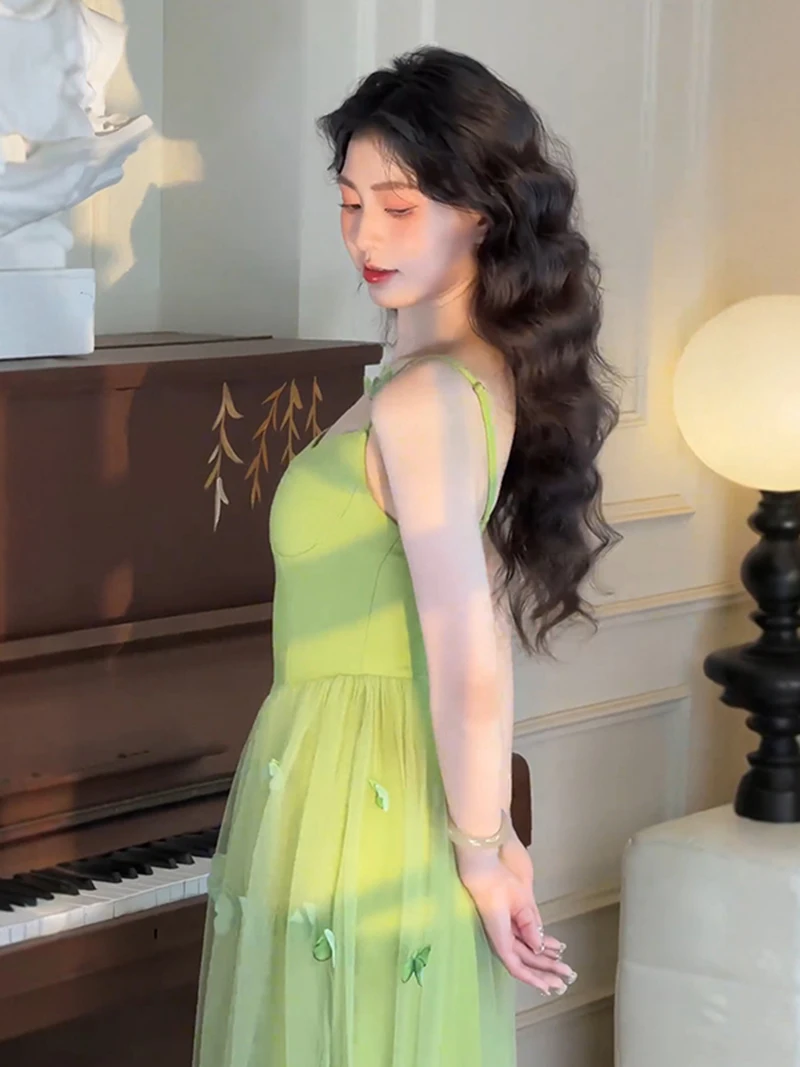 French Retro Green Splicing Lace Sling Dress For Women Summer New Style Temperament High Waist Slimming Fit Fairy Long Dresses