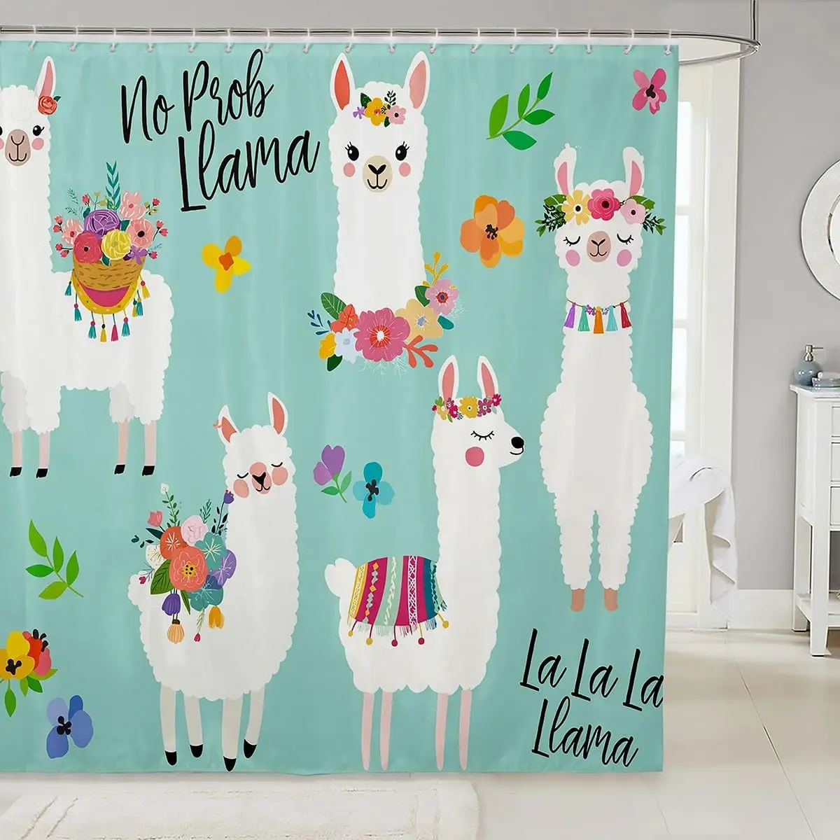 Cute Llama Floral Boho Shower Curtain Bathroom Decor Cute Rainbow Animal Print Curtain Liner Waterproof Home Accessories