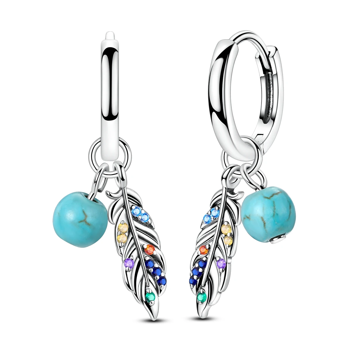 

925 Silver Earring Feather Turquoise Pendant Earring Fine Engagement Wedding Jewelry For Woman