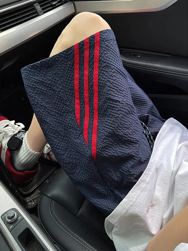 

Qui Dry Bubble Cloth orts Men's Summer Outdoor Wear Royal Blue Striped American Sle Five-Quarter Beach Mid-Pants