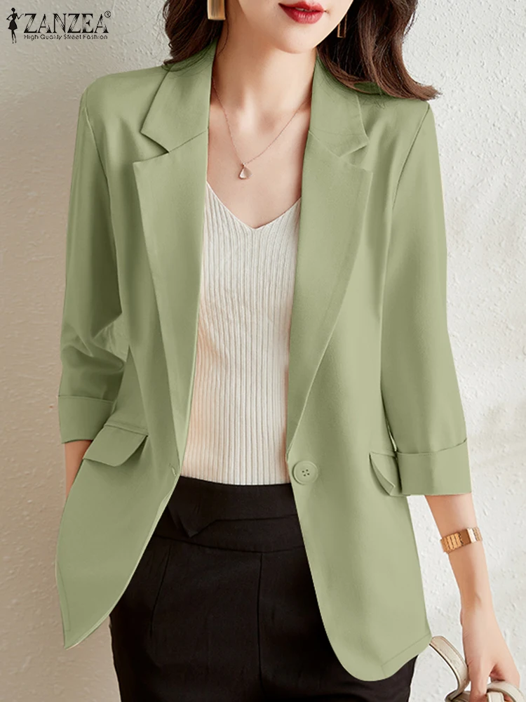 ZANZEA Elegant Lapel Neck 3/4 Sleeve Office Work Blazer Suits Fashion Women Jackets Spring Solid Thin Coats Female OL Outwears