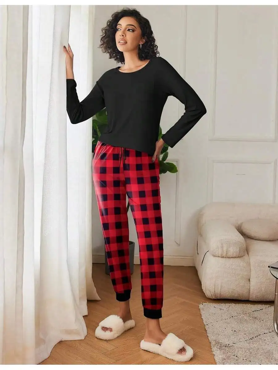 Womens 2 Pack Long Sleeve Sleepwear Set With Plaid Jogger Pants Cozy Lounge Pajamas S-XXL