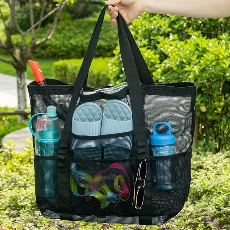 Light Weight Quick Dry Beach Bag Large Capacity Nylon Mesh Bag with Pockets Portable Travel Storage 24BD