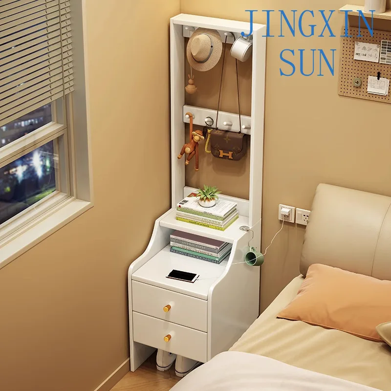 Bedroom locker simple floor hanger bedside table storage rack solid wood coat rack bedside table integrated