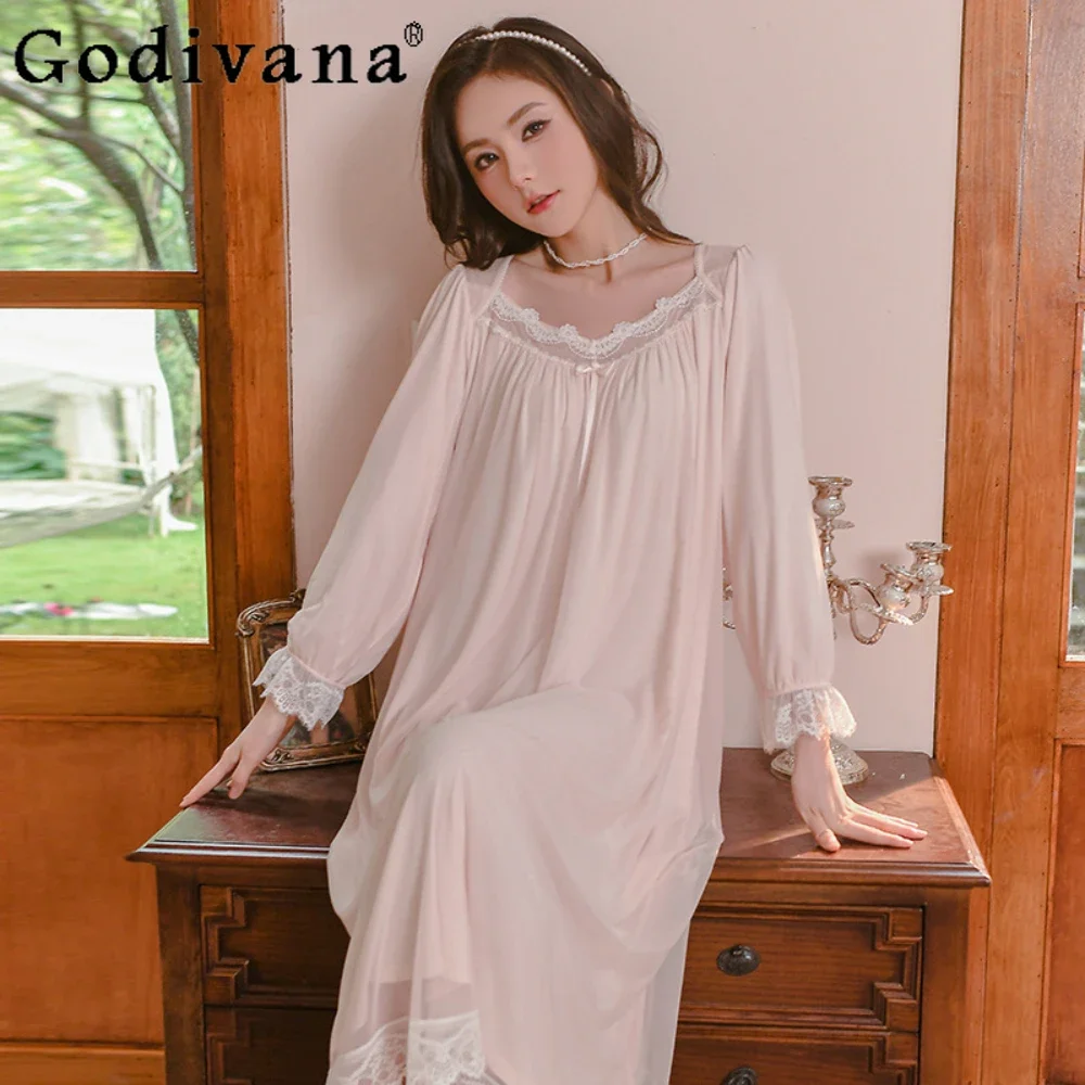 

French Nightgown Women Autumn Sweet Lace Princess Court Style Pajamas Loose White Nightdress Ladie's Nightwear Nightshirt