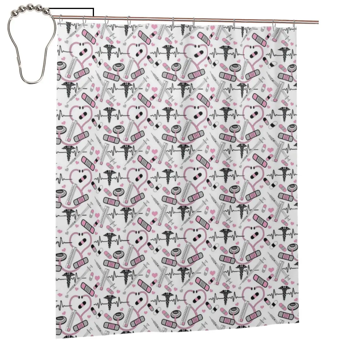 

Милая занавеска для душа с рисунком стетоскопа, медсестры, врача, ЭКГ, полиэстеровая, водонепроницаемая, для ванной комнаты, с крючками