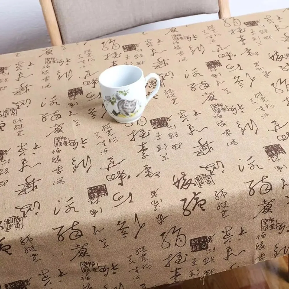 150×50cm/200×150cm Calligraphy Printed Fabric Chinese Style Soft Linen Tablecloth Chinese Character Printed Breathable