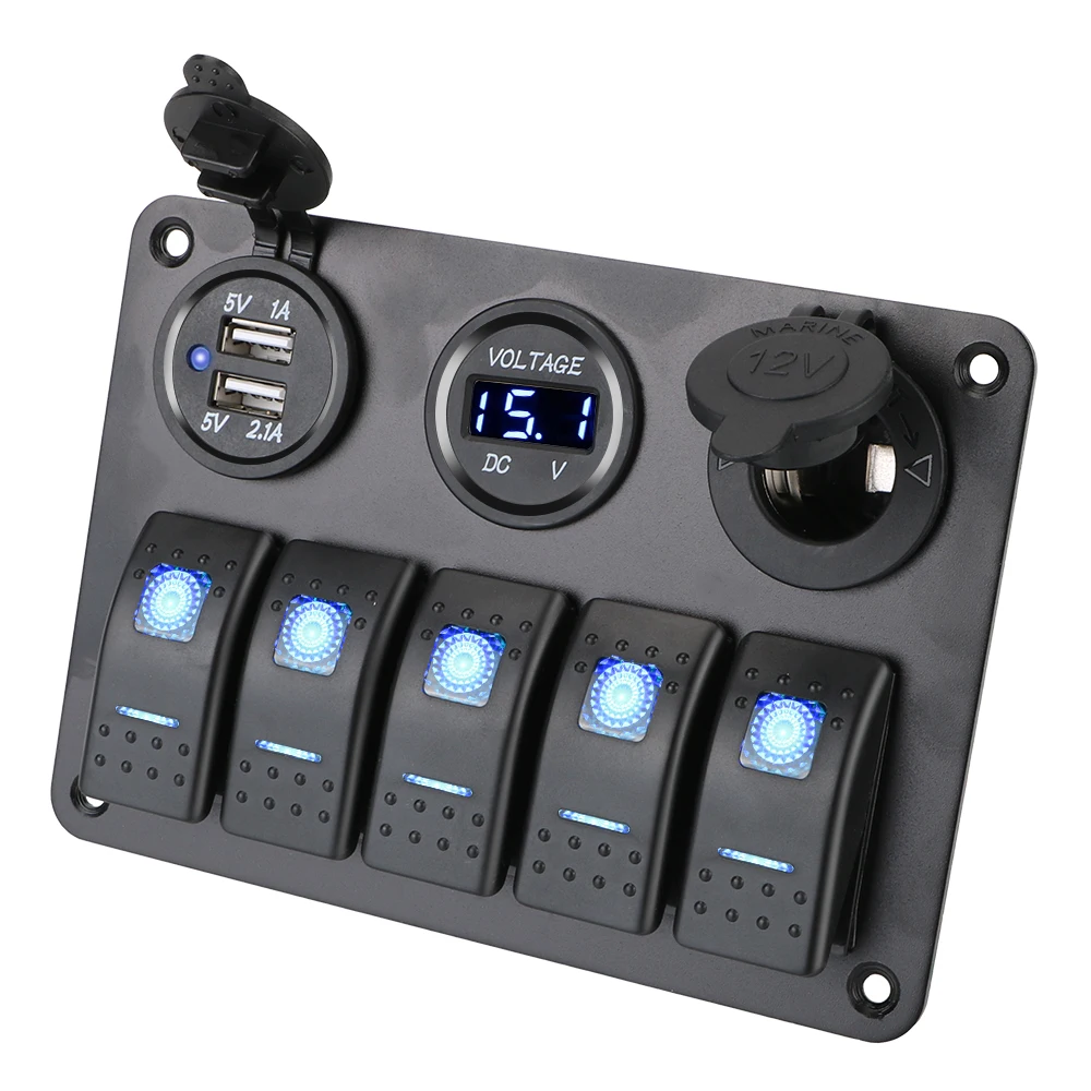 

5 Gang LED Rocker Switch Panel Digital Voltage Waterproof With Fuse Dual USB Slot Socket 12/24V Outlet Combination