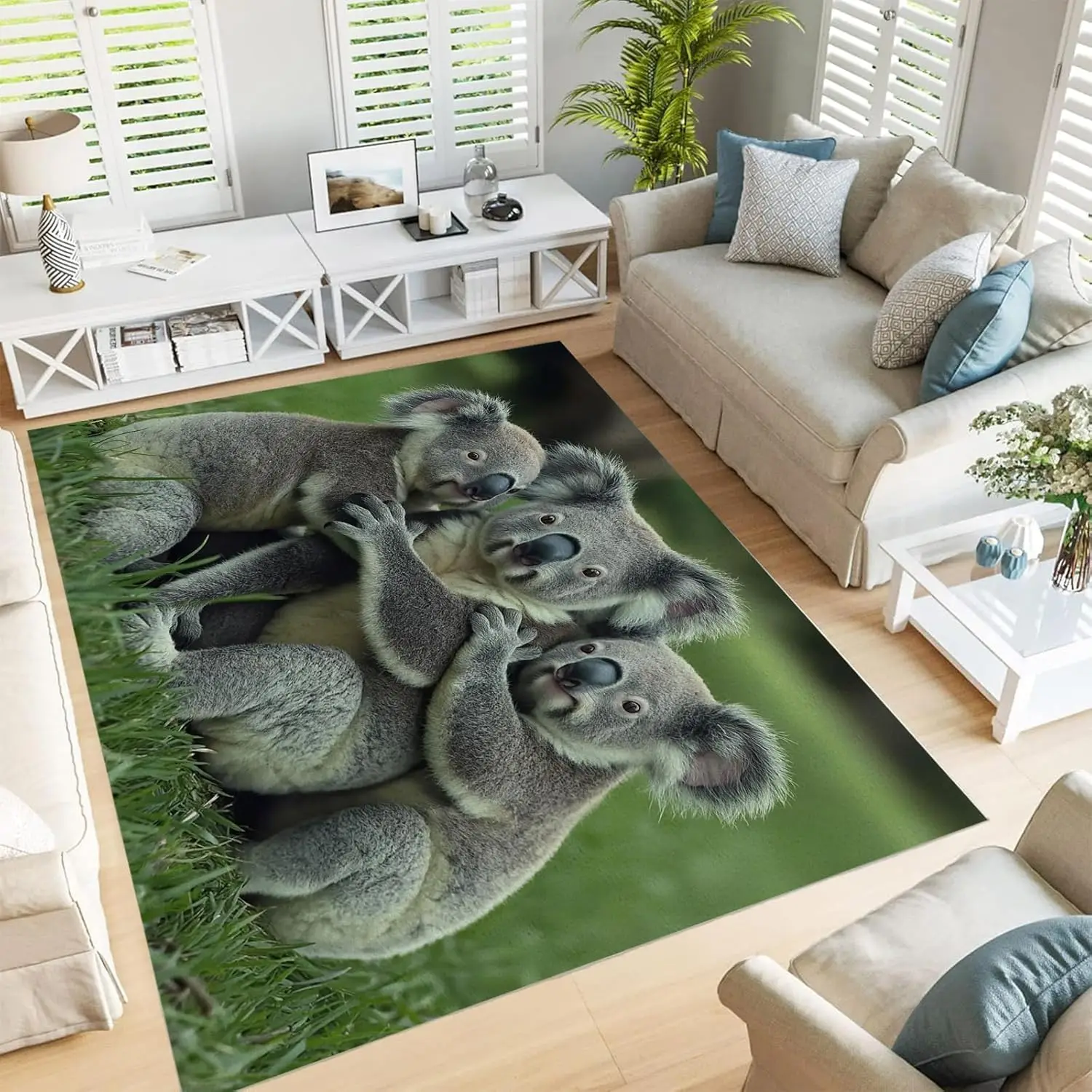 Modern Cute Koala Bear Living Room Rug 3D Koala Bear on Grass Printed Area Rug Bedroom Rug Decoration Room Floor Mat Anti-Slip