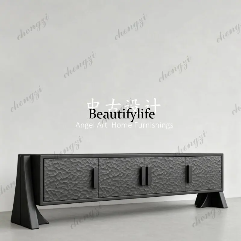 Medieval designer household hammer pattern solid wood storage TV cabinet black high-end edge cabinet