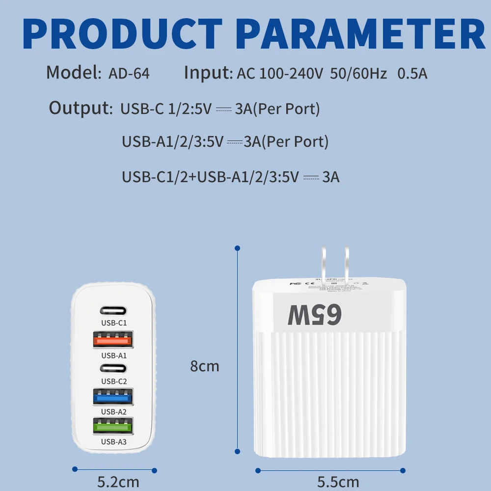PD 65 واط منافذ متعددة شحن سريع شاحن USB نوع C الاتحاد الأوروبي/الولايات المتحدة التوصيل محول الطاقة المحمولة 5 في 1 شاحن سريع الجدار نوع C #6