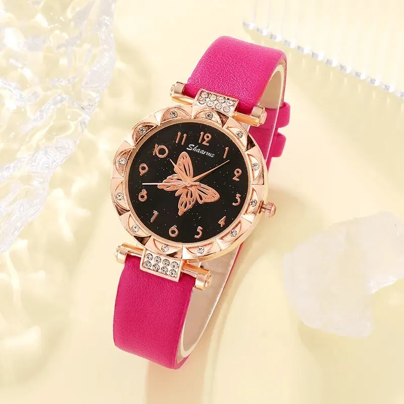 5PCS Set Womens Fashion Quartz Watch Female Clock Rose Red Butterfly Luxury Brand Design Women Watches Simple Ladies Wrist Watch