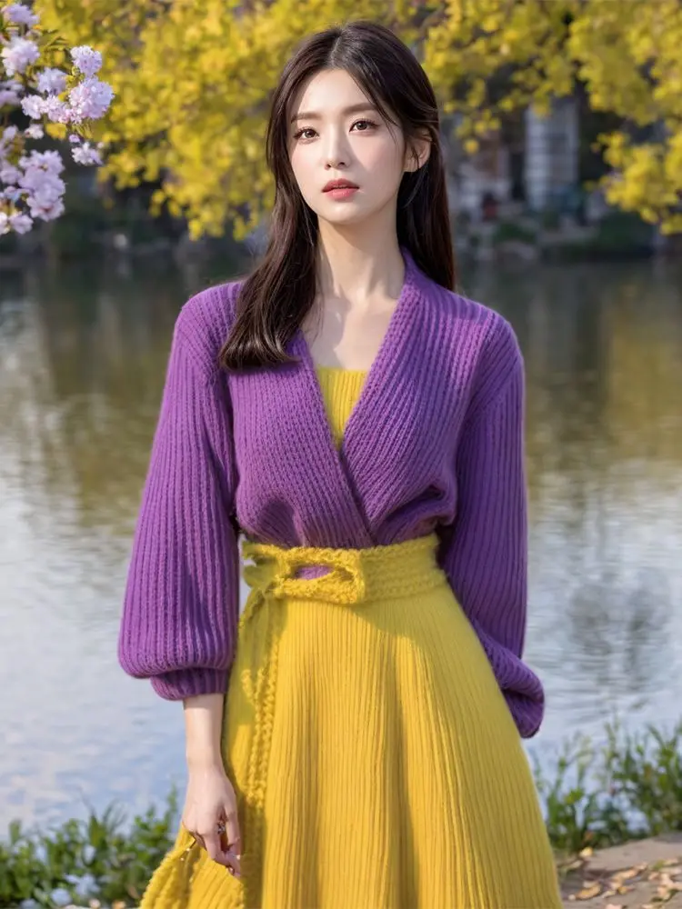 Purple Splicing Yellow Ankle-Length Sweater Dress 2024 Autumn Winter New Women's Autumn Winter High End Fake Two Knitted Dresses