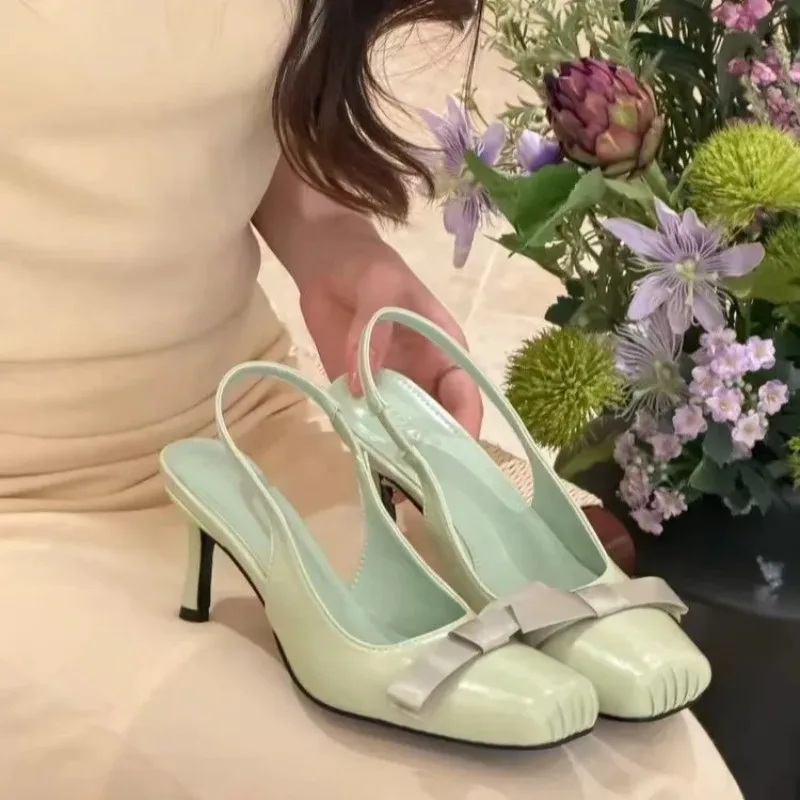 2026Spring Fairy Grass Green Ballet Style High Heel Women's Backless Jane Sandals