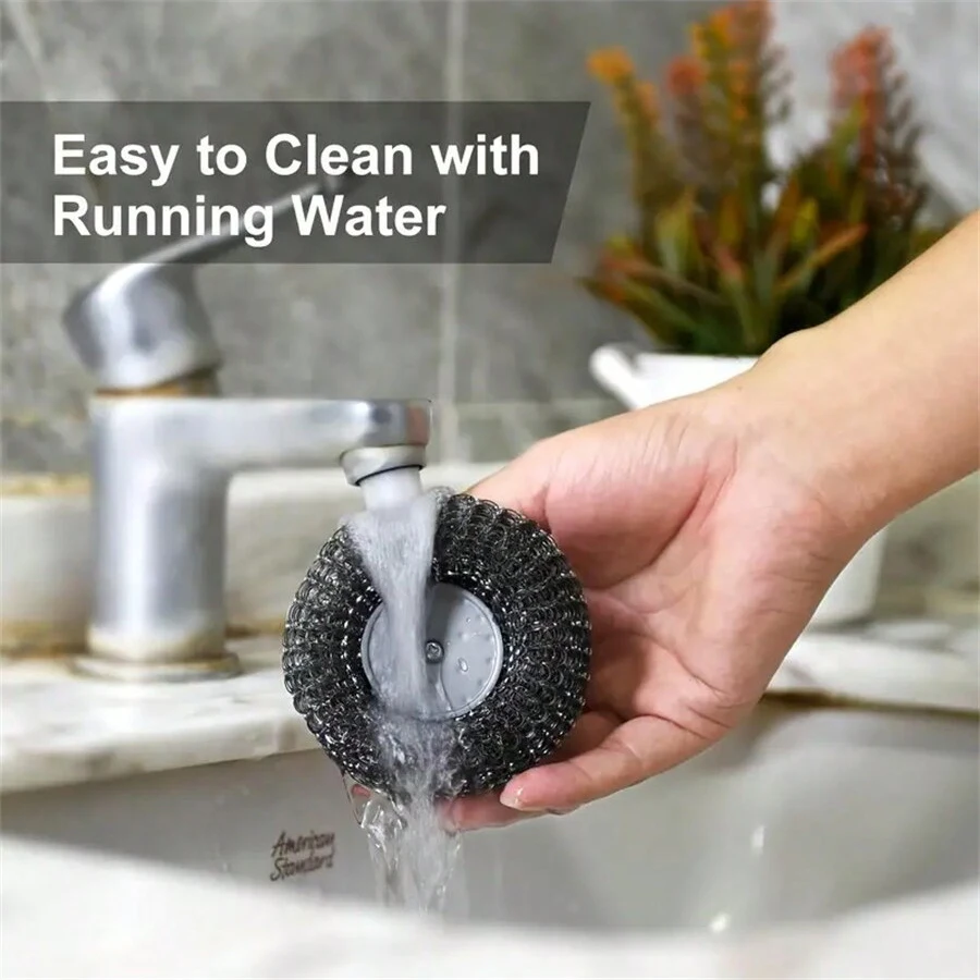 1Pc Stainless Steel Scourers with Plastic Handle Steel Wool Scrubber Pad Kitchen Bathroom Cleaning Brush for Dishes Pots Pans