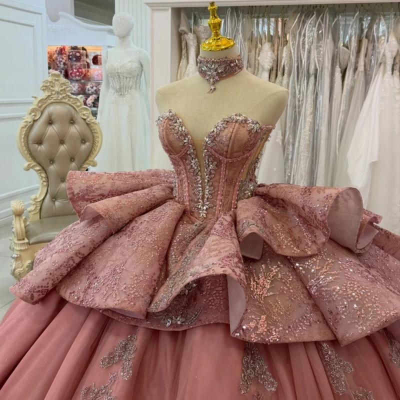 

Pink Shiny Ball Gown Quinceanera Dresses Off The Shoulder Applique Lace Beading Crystal Tull Corset Sweet 16 Dress vestidos 15