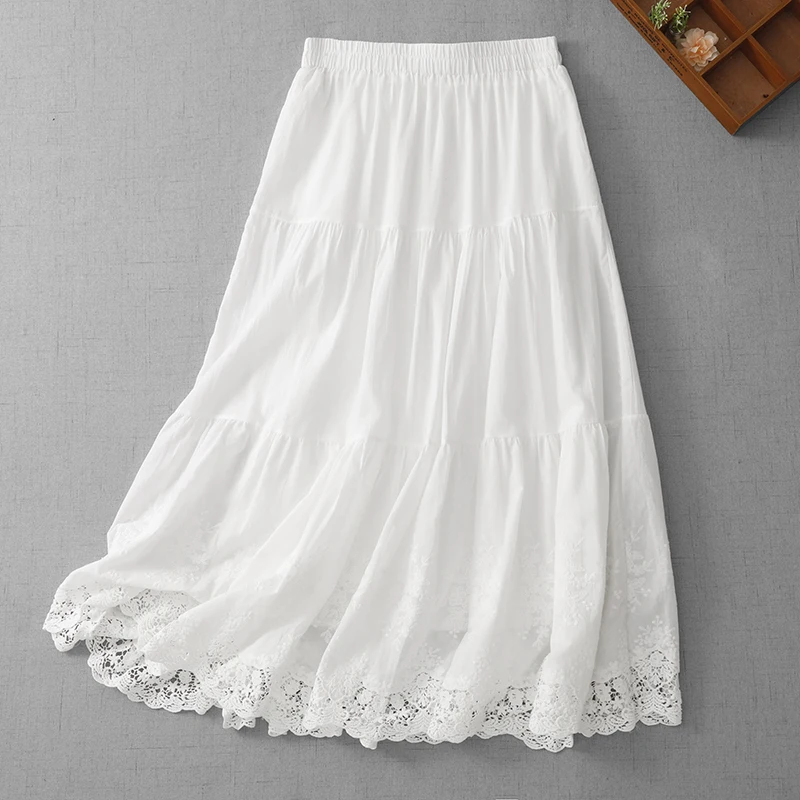 Elegant A-Line Midi Skirt Women's Spring Summer Lace Hook Embroidery Half Skirt Breathable Comfortable High Waist Cotton City...