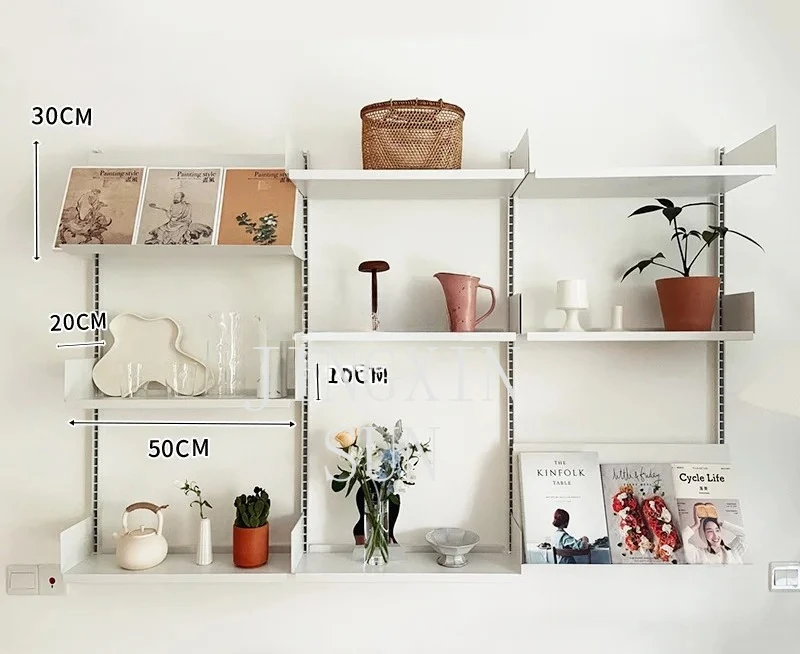 Minimalist ins wind track shelf combination white wall wall hanging metal baffle bookshelf bookcase storage decoration