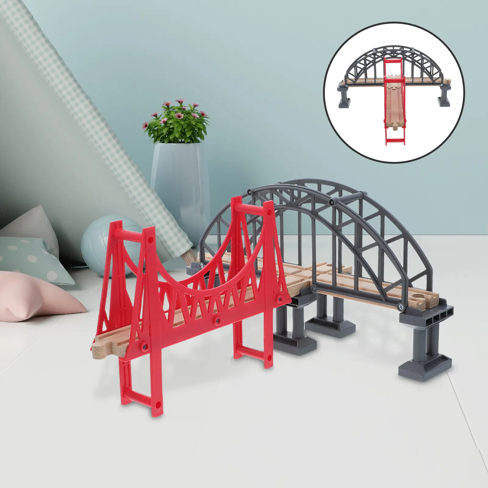 Wooden Train Track Accessories Suspension Bridge Railway Bridge Train Expansion Scene Building Set Crossing Track