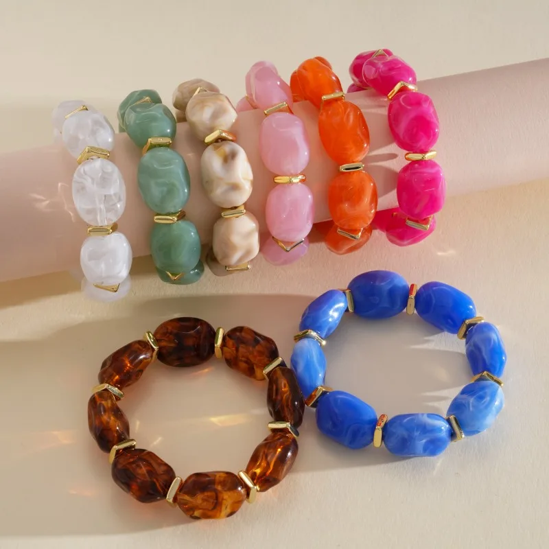 Bohemian Resin Beaded Stretch Bracelets Women Stackable Irregular Smudging Strand Bangles Jewelry Beach Vacation Party Wear K1