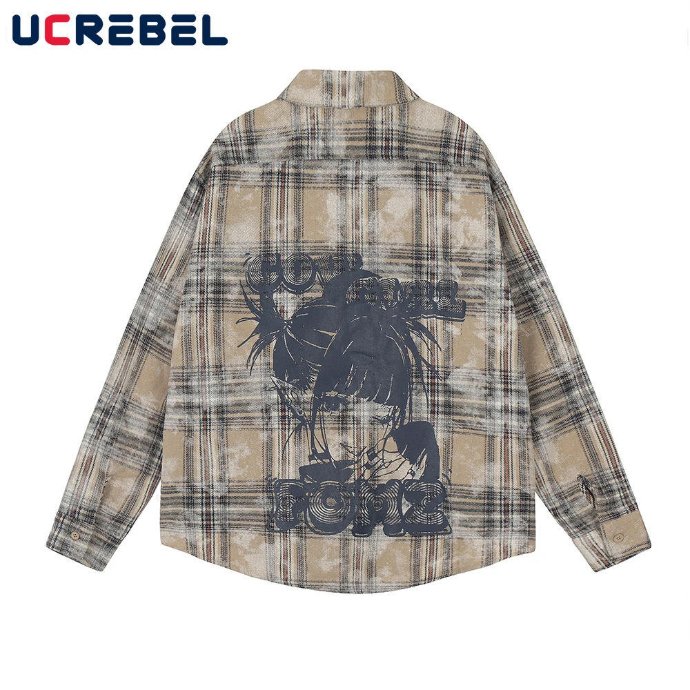 Cartoon Print Plaid Long Sleeve Shirts Mens High Street Autumn Loose Cotton Lapel Single Breasted Curved Hem Shirts Men