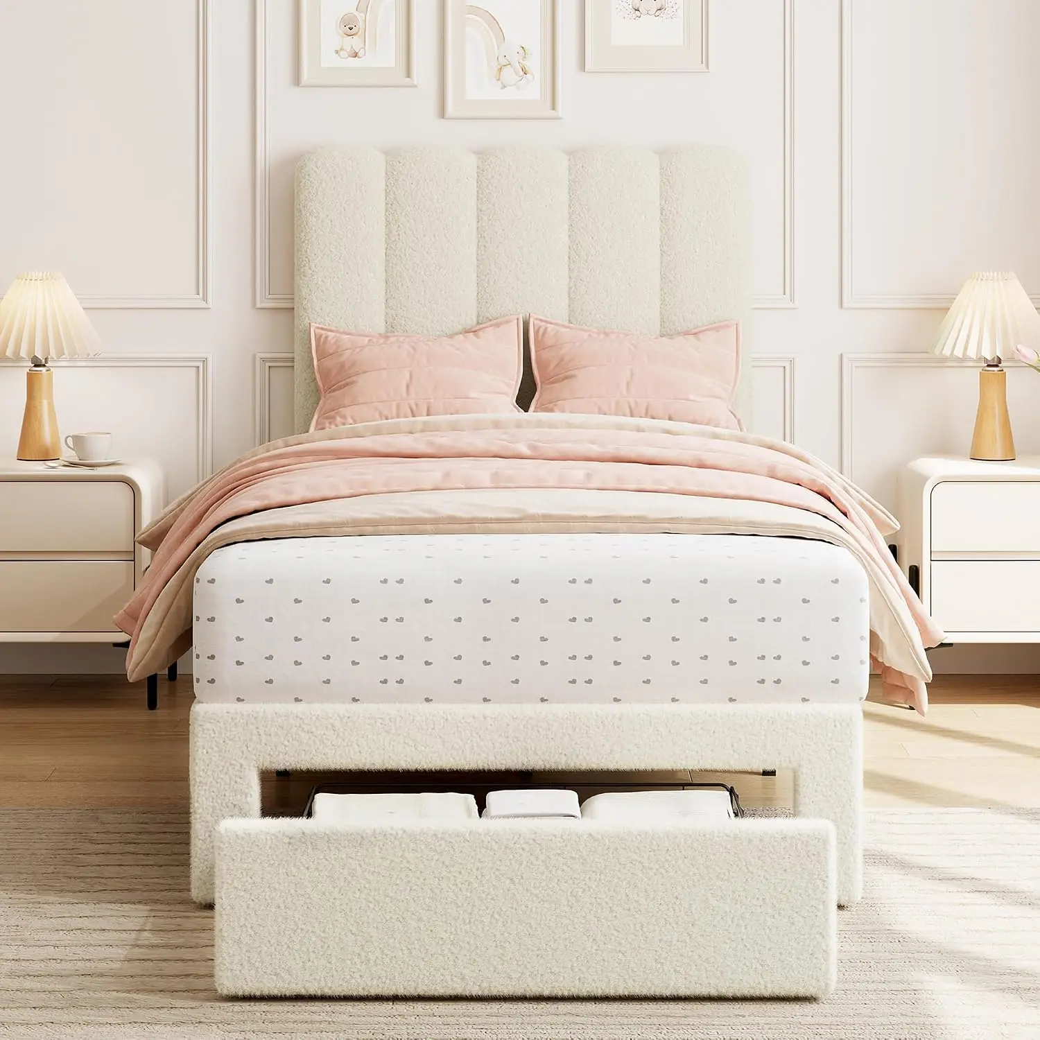 Upholstered Boucle Beige Twin Bed Headboard Drawer Kids Platform Bed Frame Wooden Slats Support No Box Spring Easy Assembly