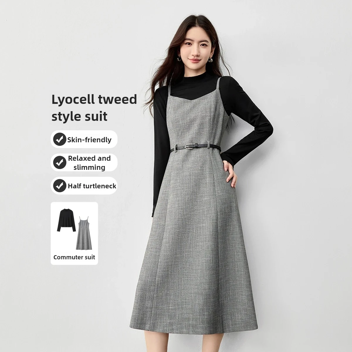 SENTUBILA Autumn Women's Dress Set 2026 Autumn Commute Two Piece Sets Long Sleeve Knitted Tops V-Neck Slip Dress 153ZB2643