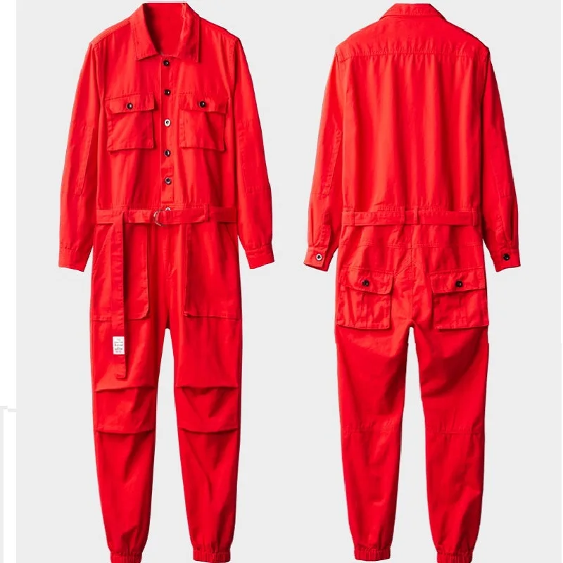 

Men Jumpsuit Waist Belt Long Sleeve Red Hip Hop Rompers Casual Comfortable Cargo Pants Loose Multi-pockets Overalls Work Overall