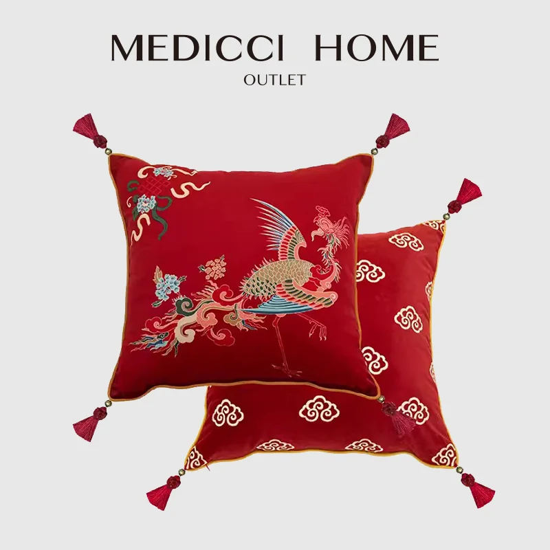 Medicci Home Luxury Decorative Pillow Covers Chinoiserie Phoenix Flower Square Sofa Accent Cushion Cover For New Year Home Decor