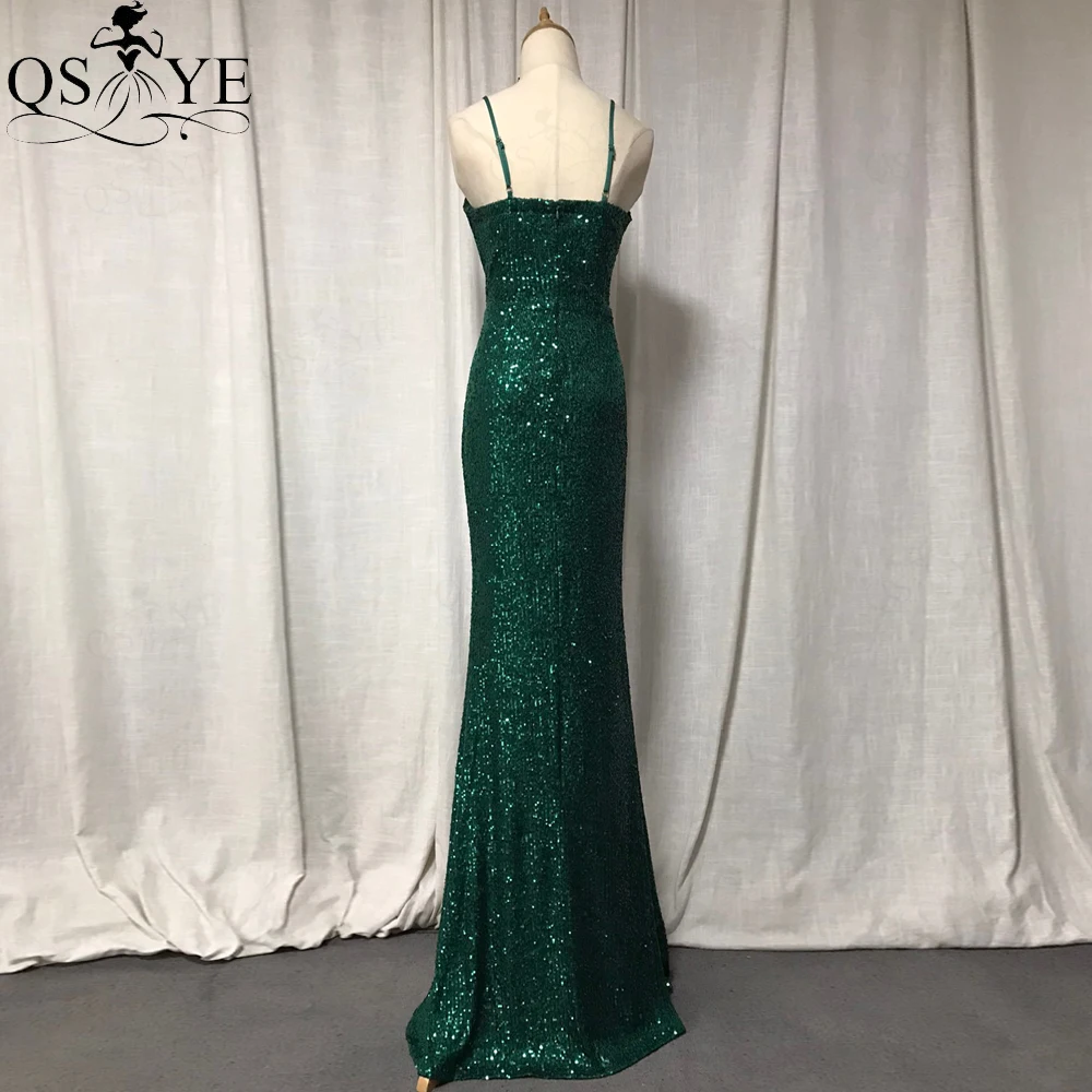 Emerald Green Evening Dresses Spaghetti Shoulder Straps Sexy V Prom Gown Sequin Long Party Dress Ruched V Neck Women Formal Gown