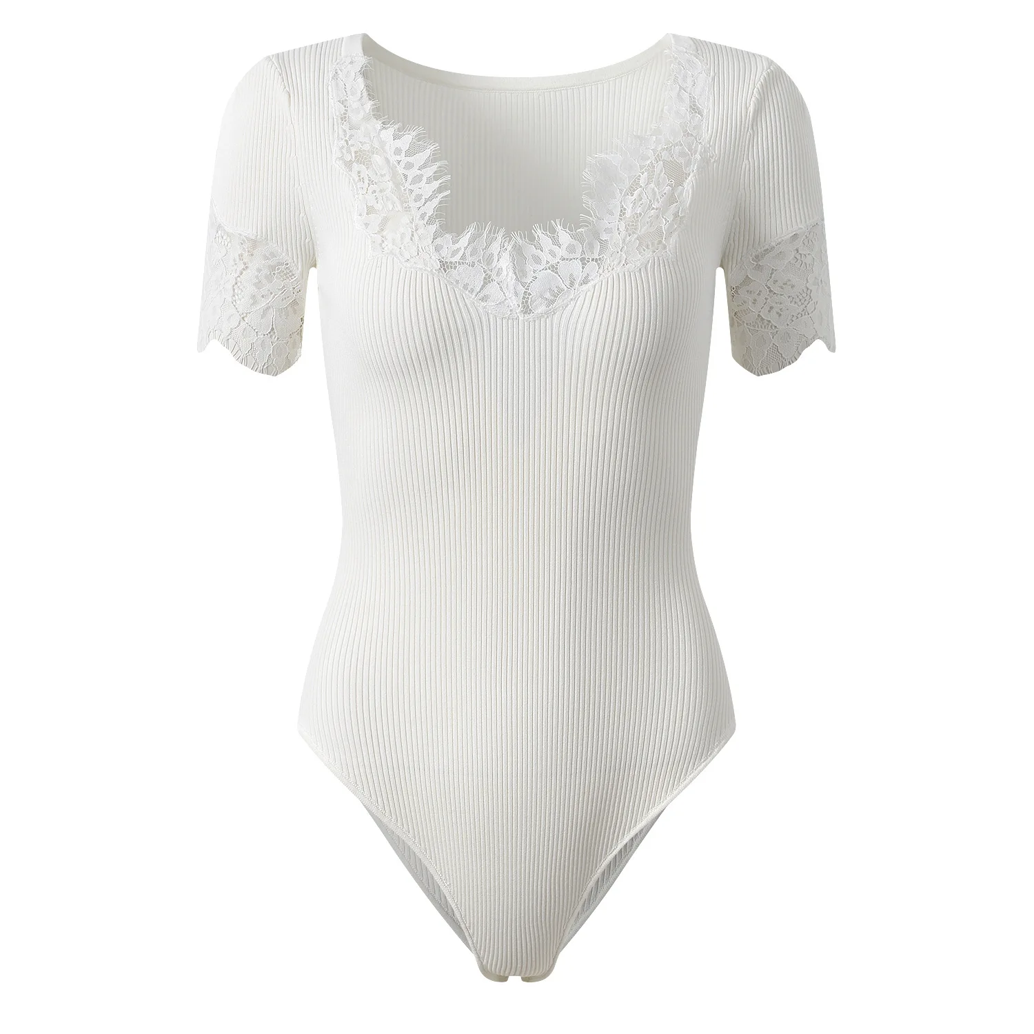 2026 Spring Summer New White Lace Spliced V-Neck Elegant Slim Fit Short Sleeve Knitted Jumpsuit Women Fashion Romper