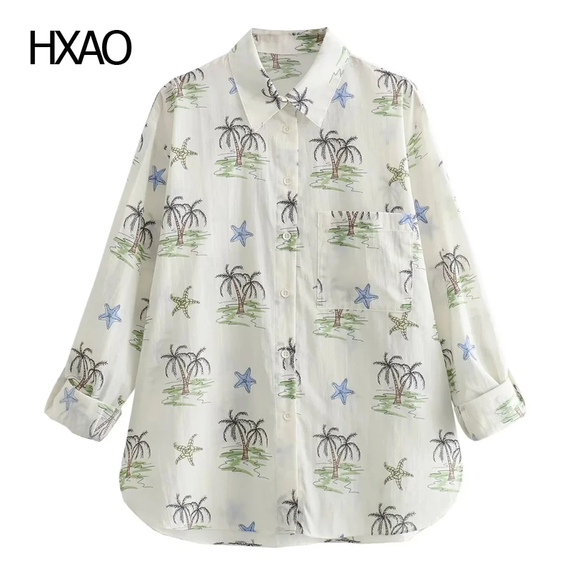 

HXAO Summer Blouse Women Shirt with Print Beach Blouse TRAF Women's Casual Shirt Long Sleeve Shirts Blouse Female Stylish Blouse