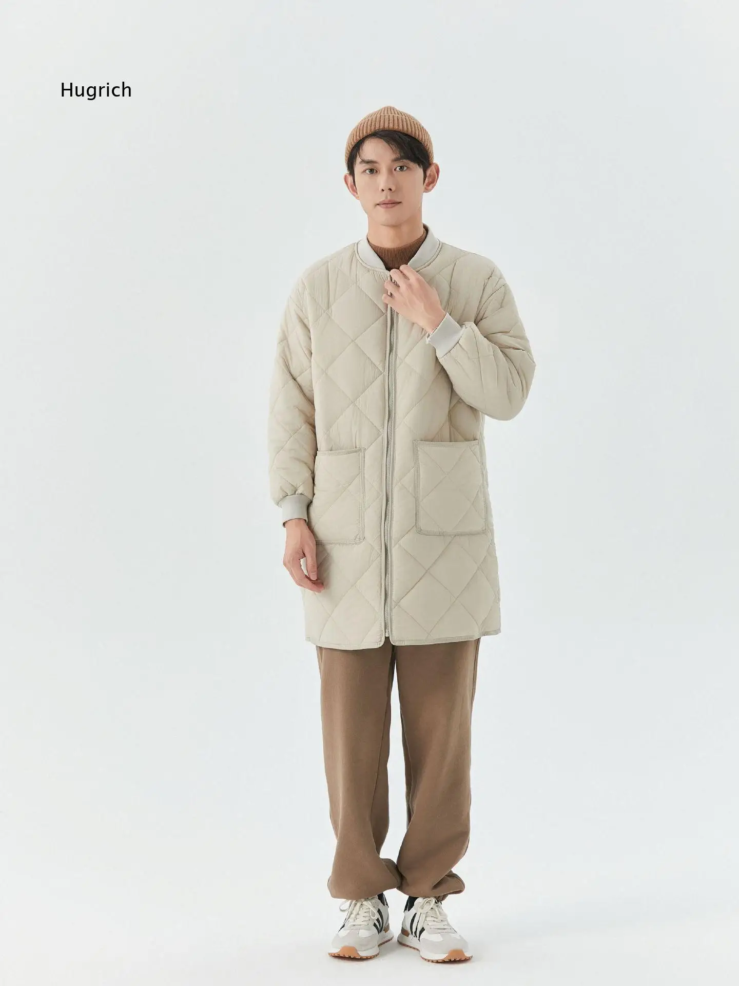 Men Loose Mid Long Quilted Warm Padded Coat Stand Collar Full Zip Closure Large Front Pockets For Autumn Winter Daily Outfits