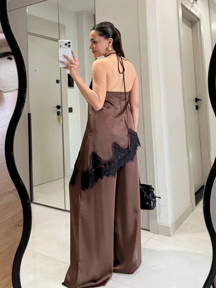 Satin Halter Neck Lace Trim Asymmetric Top & Wide-Leg Pants 2-Piece Set Lace Halter 2026 Summer Elegant Women Feminine Outfit
